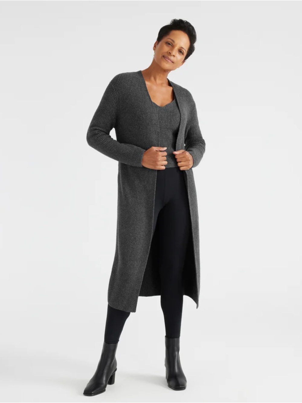 knix Long Open-Front Ribbed Cardigan in Charcoal Gray